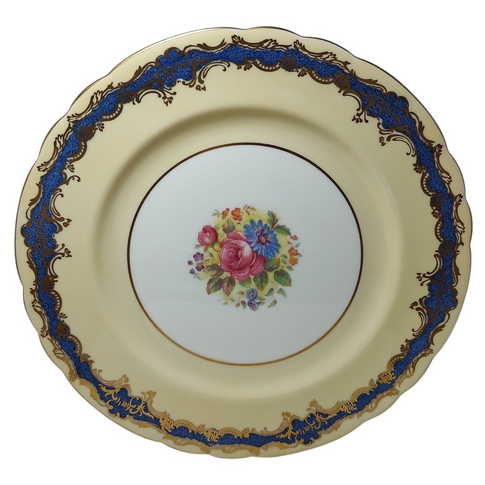 Vintage Aynsley Dinner Plate Pink Rose Cobalt Blue Gold Gilt Mid Century Modern